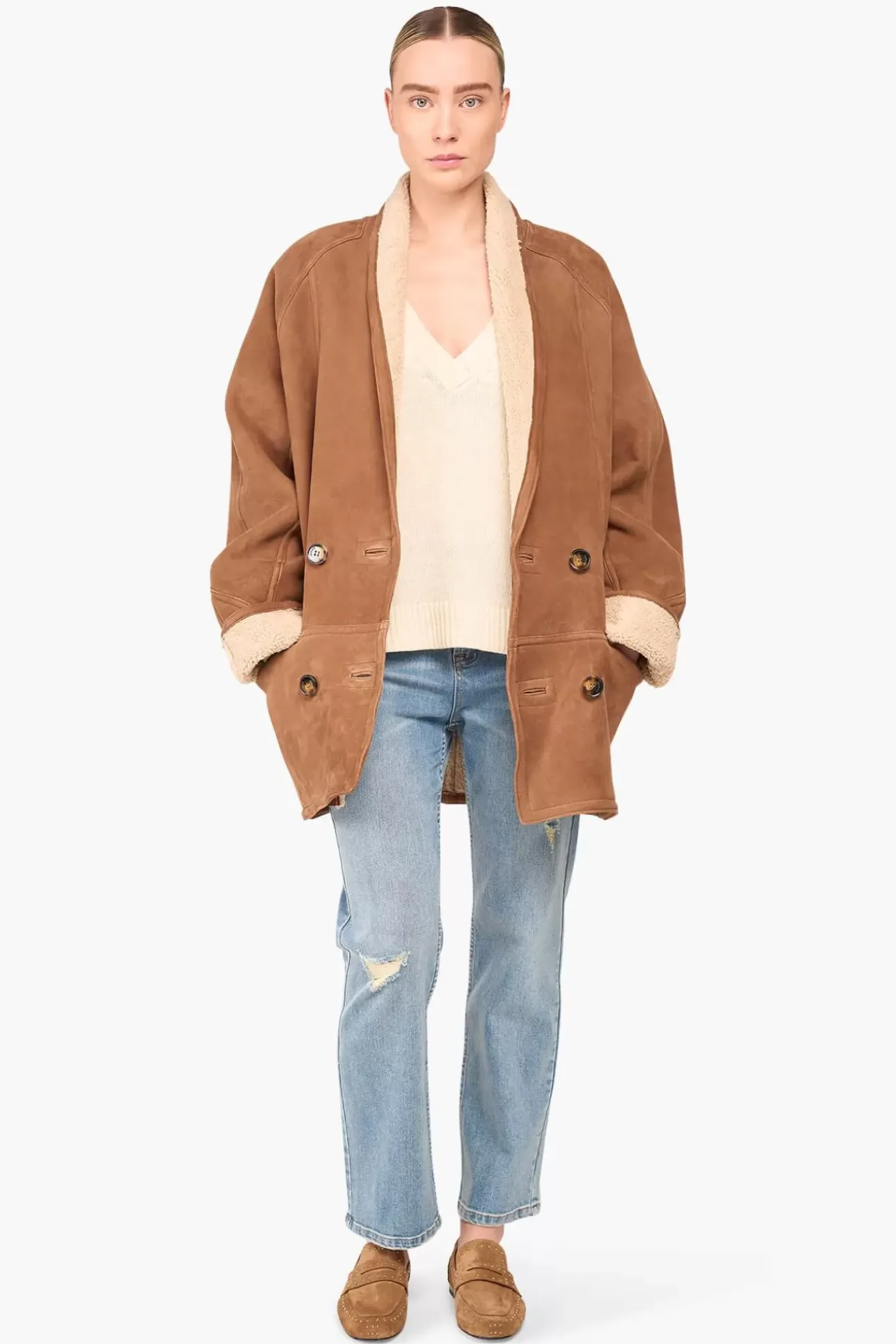 JANICE Leer^Lammy Coat Dames Raf Bruin
