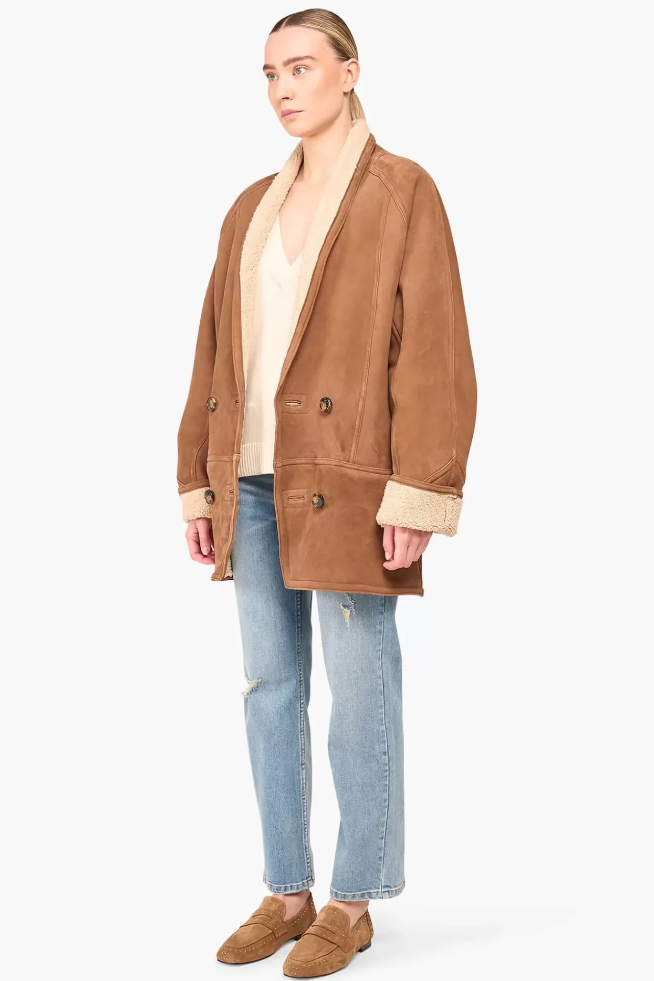 JANICE Leer^Lammy Coat Dames Raf Bruin