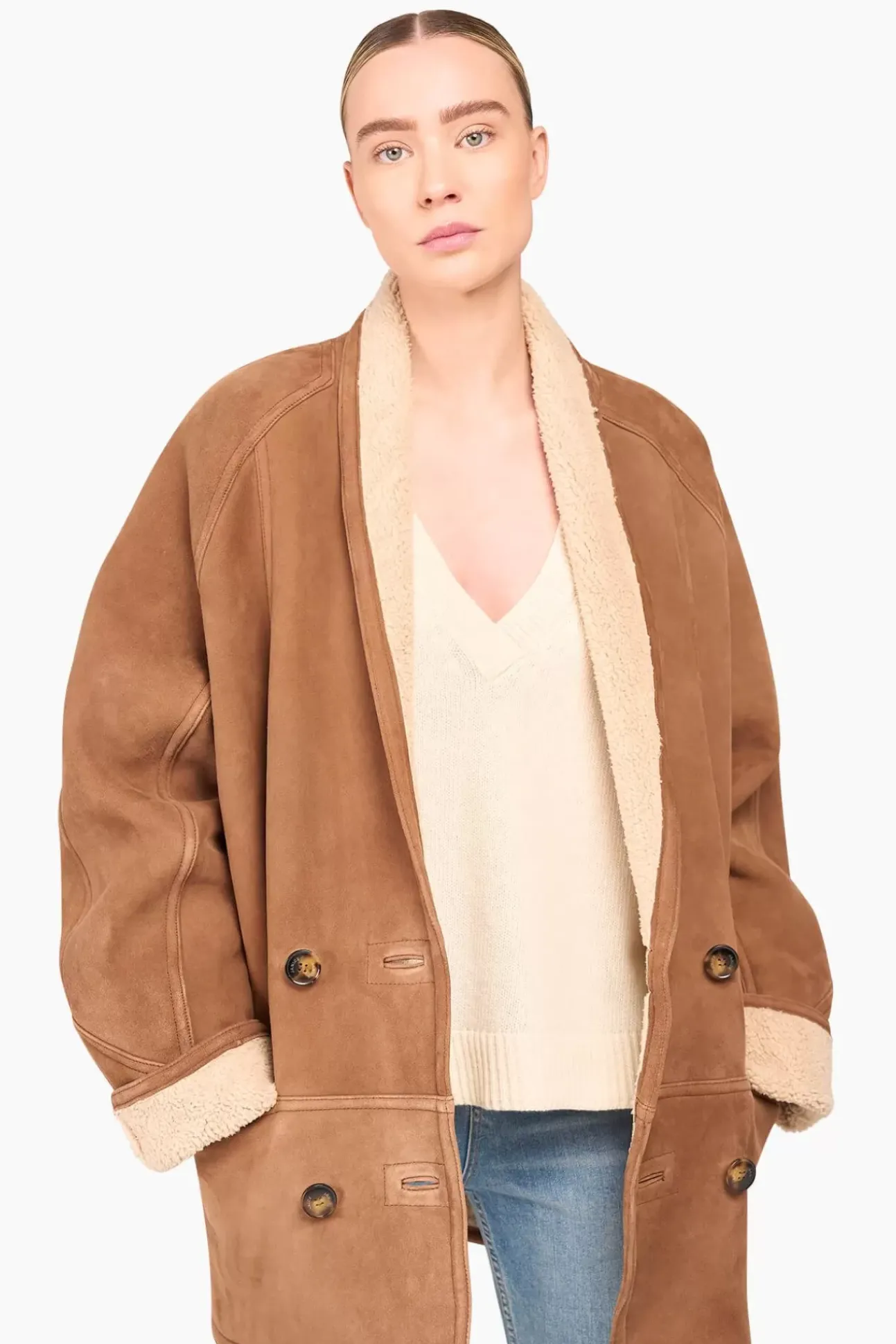 JANICE Leer^Lammy Coat Dames Raf Bruin