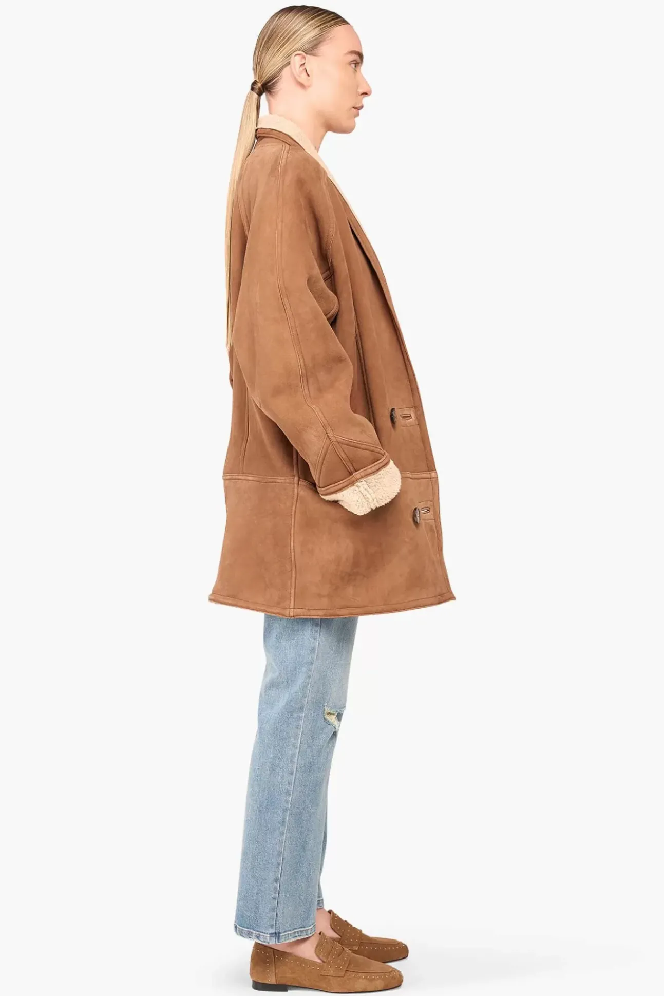 JANICE Leer^Lammy Coat Dames Raf Bruin