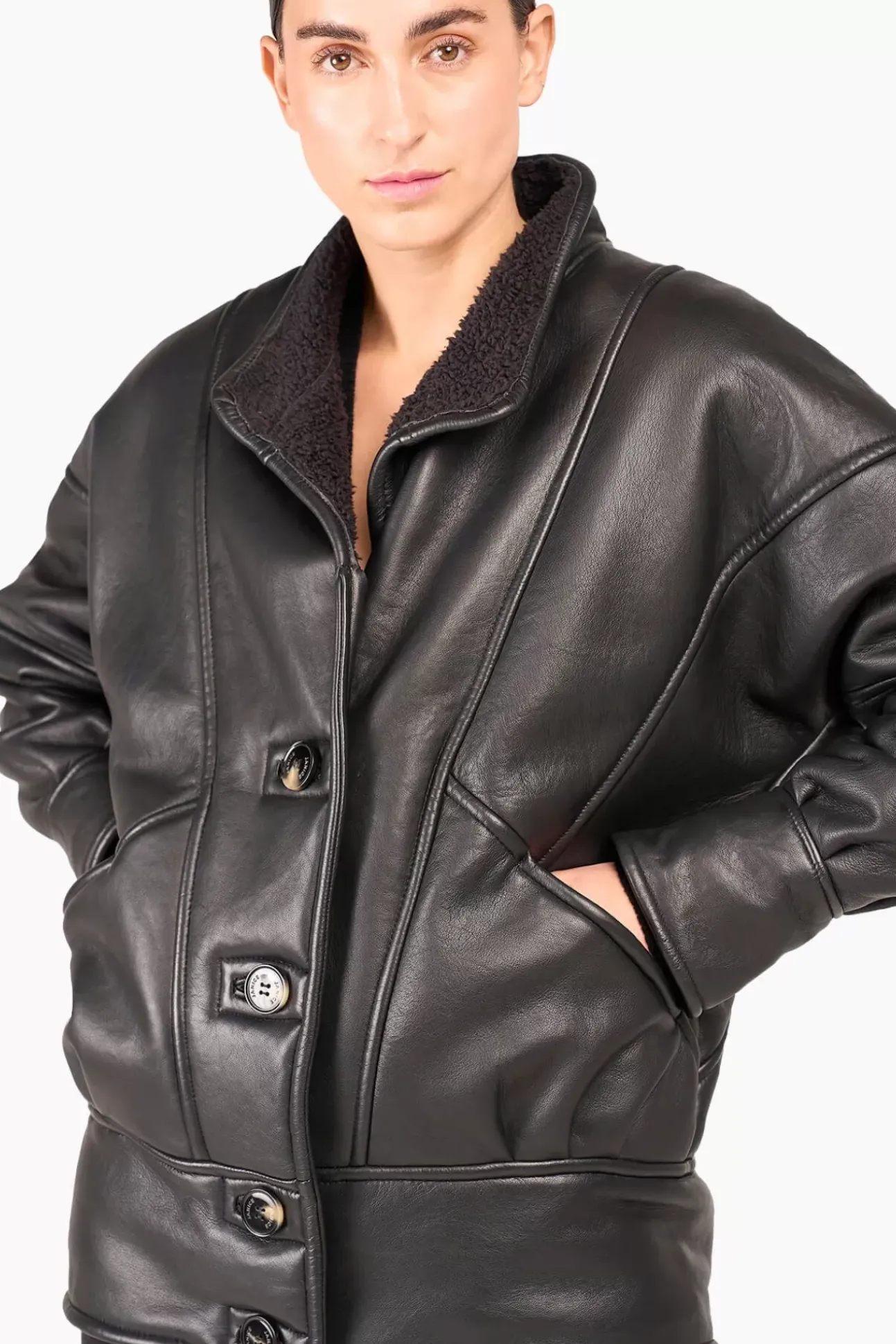 JANICE Leer^Lammy Coat Dames Seth Zwart