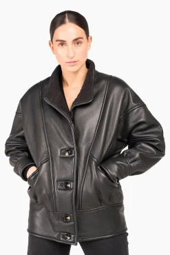 JANICE Leer^Lammy Coat Dames Seth Zwart